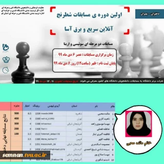 کسب رتبه اول سرکار خانم مائده محبی دانشجوی رشته تربیت بدنی دانشکده فنی و حرفه ای دختران شاهرود در اولین دوره مسابقات شطرنج آنلاین سریع و برق آسای دانشجویان دانشگاه فنی و حرفه ای سراسر کشور